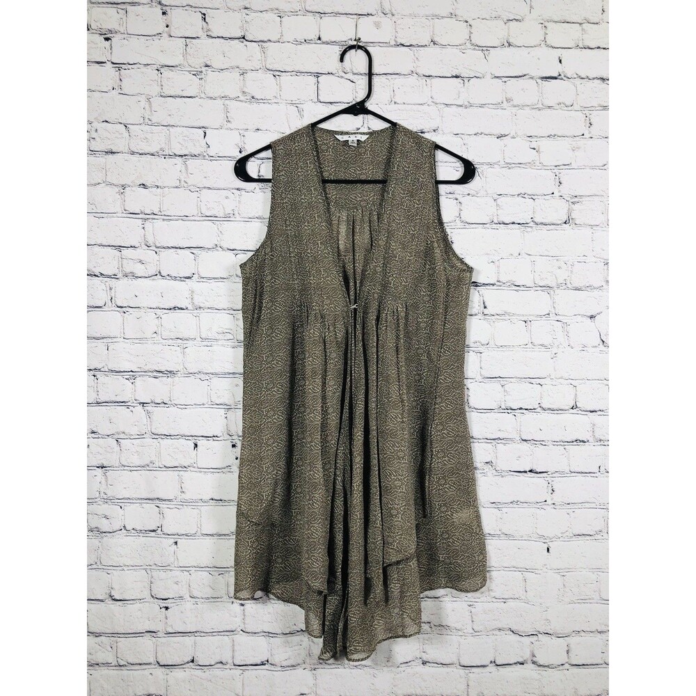 Cabi Women Sleeveless Draped Open Front Top Dotted Print Olive Brown Size S